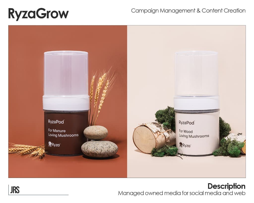 RyzaGrow campaign — split product panels for manure and wood-loving mushroom pods