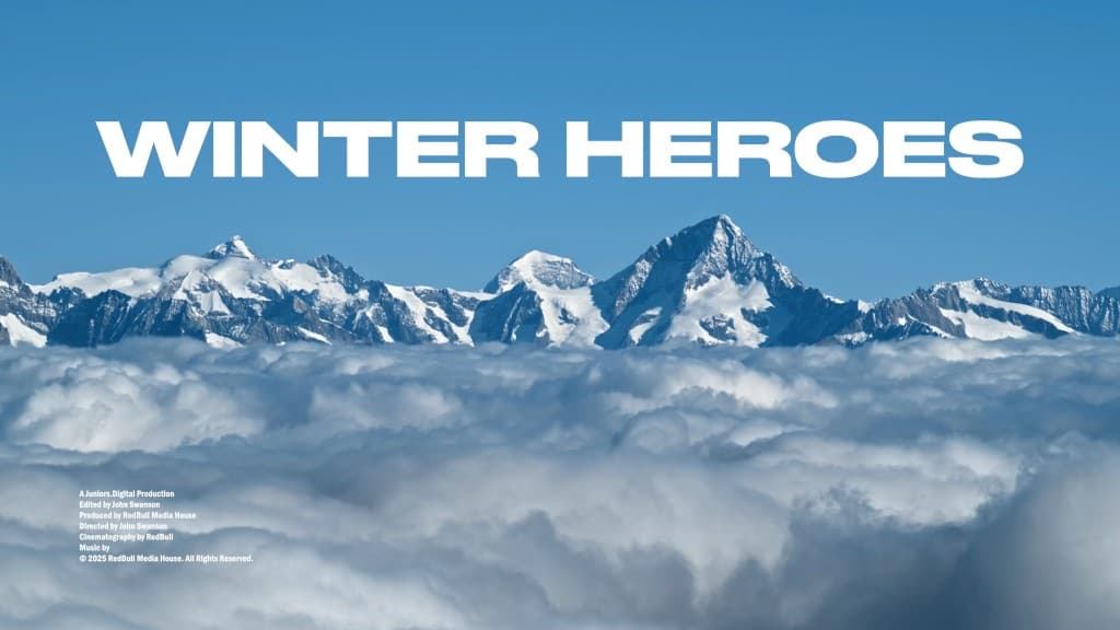 Winter Heroes title treatment over snow-capped peaks